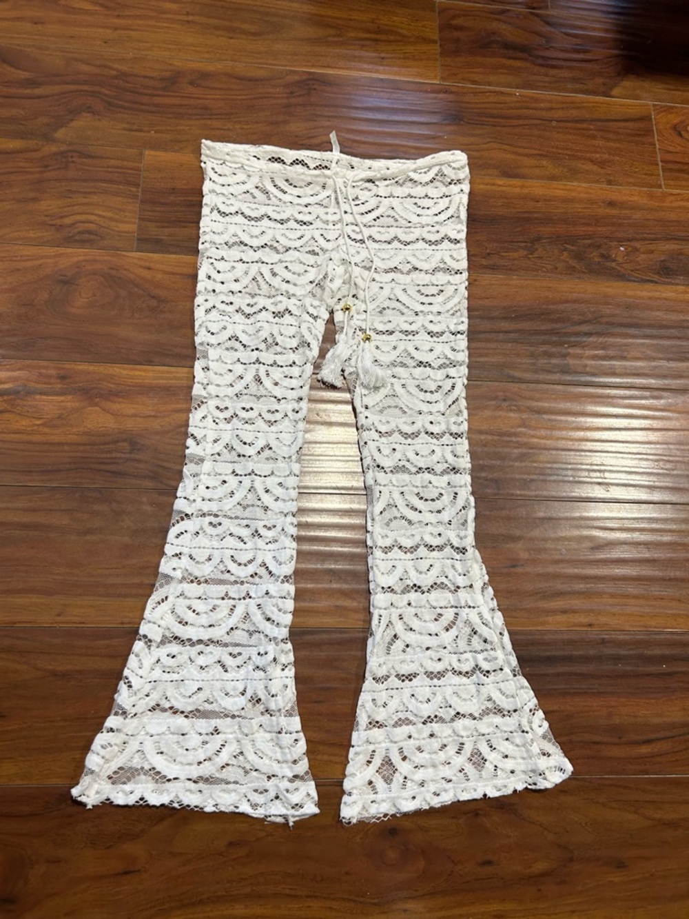 Unbranded White Crochet Lace Flare Pants with Tassel Drawstring, small